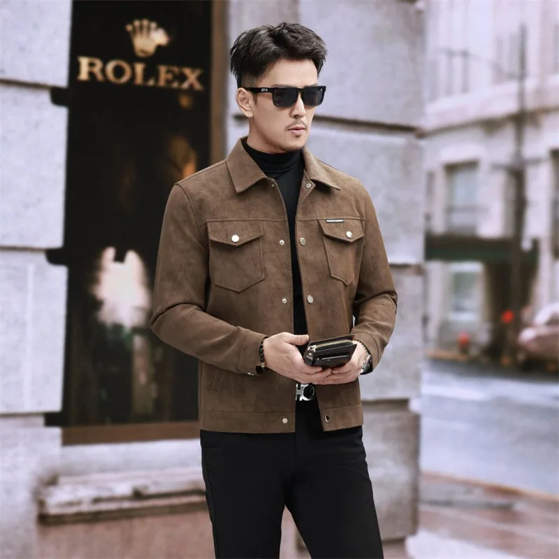 Men Faux Suede Leather Jacket Slim Vintage Biker Style Coat
