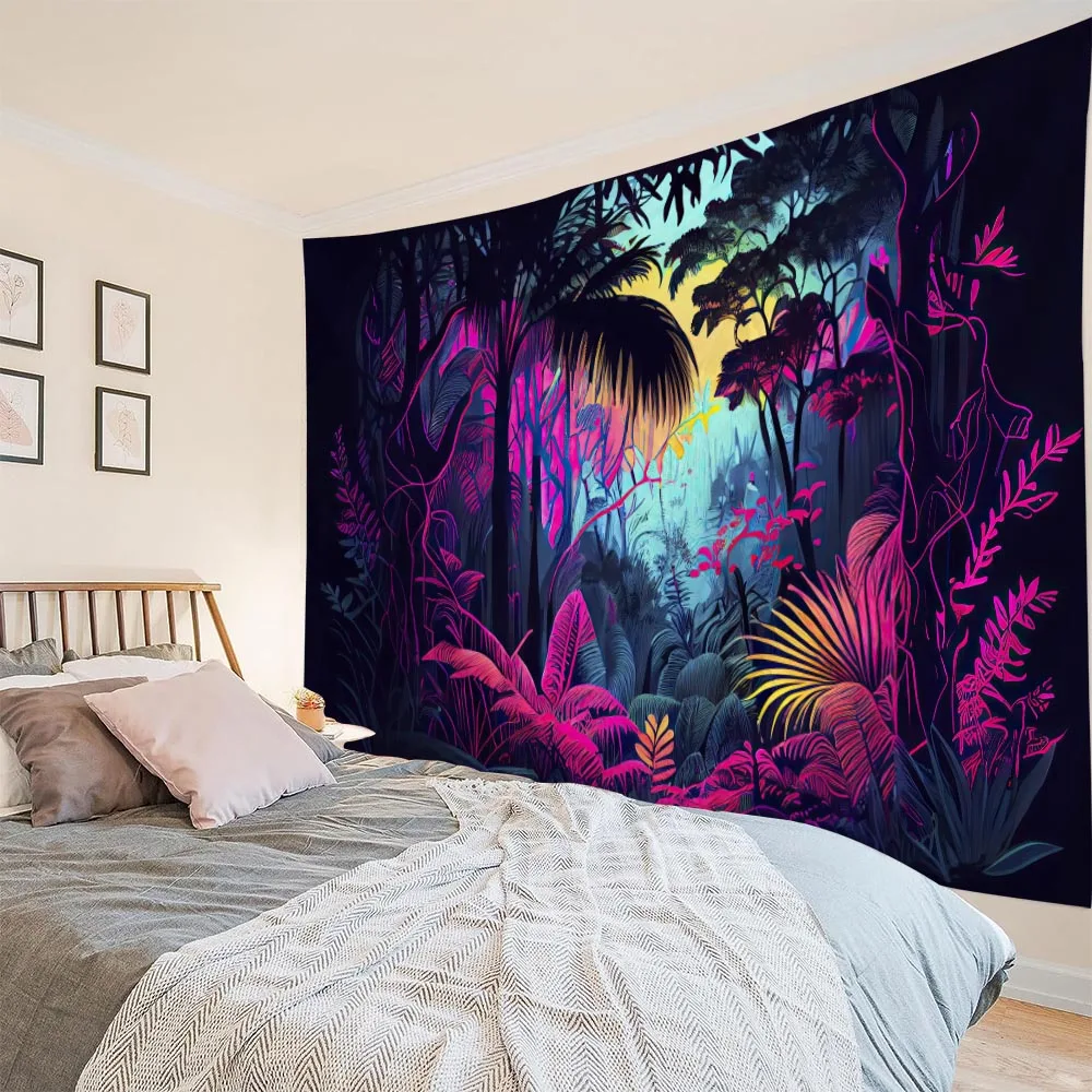 Colorful Jungle Tapestry Mysterious Landscape Wall Hanging Fantasy Flowers Lotus Coconut Trees Home Decor Background Cloth