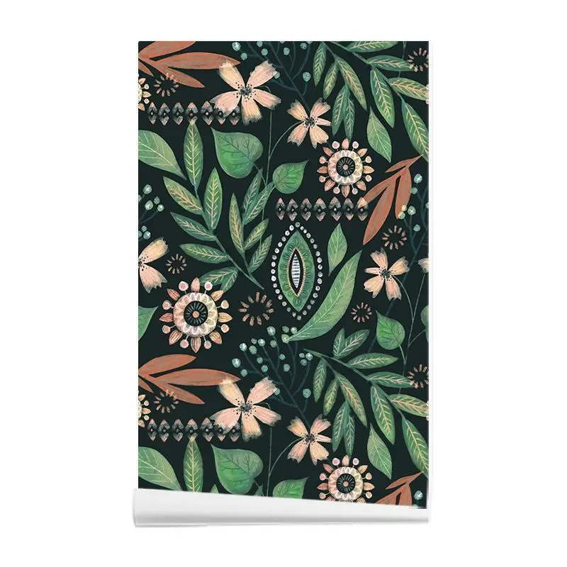 Image of Boho Floral Peel and Stick Tapete, selbstklebendes Kontaktpapier, abnehmbarer, wasserfester Vinyl-Wandaufkleber für Schlafzimmer, Schrank