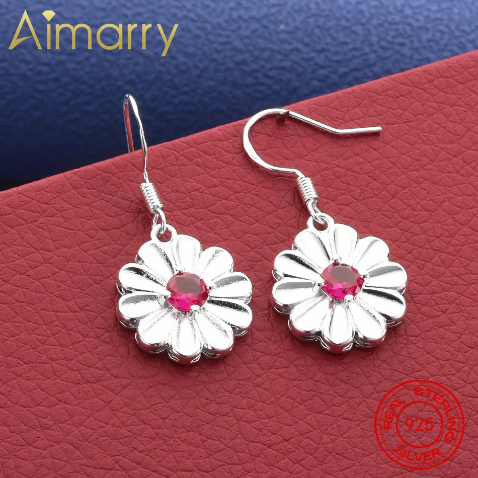 

Fine 925 Sterling Silver Red Zircon Flower Earrings Drop Earrings For Women Fashion Jewelry Charm Noble Wedding Accessories