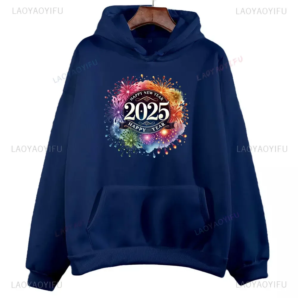 2025 Happy New Year Woman Man Fireworks Printed Sweatshirt Autumn and Winter Drop Shoulder Warm Family New Year Gift Hoodie