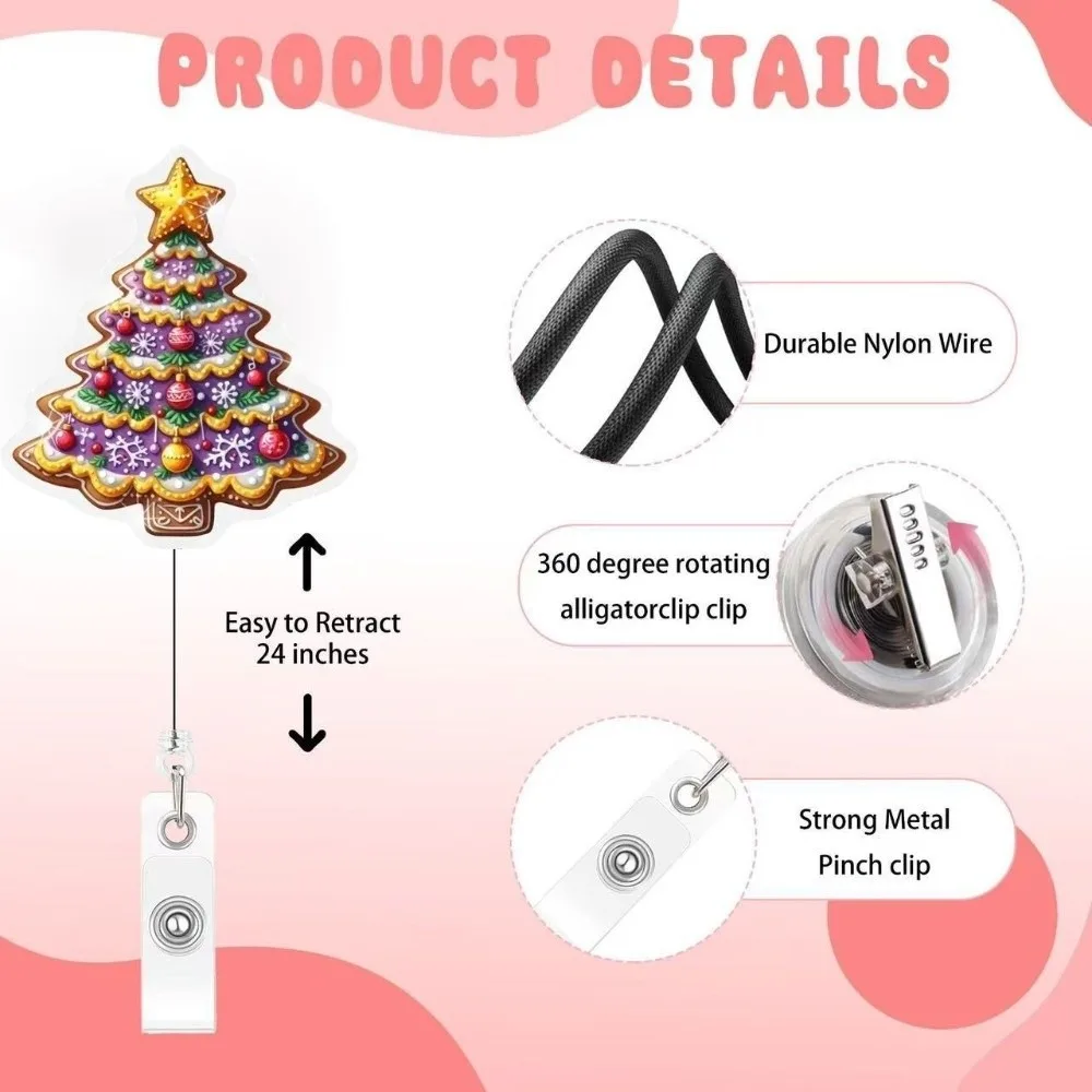 Pink Santa Christmas Badge Holder Christmas Tree Reindeer Retractable Badge Reel Glitter Acrylic Sturdy ID Holder Exhibitions