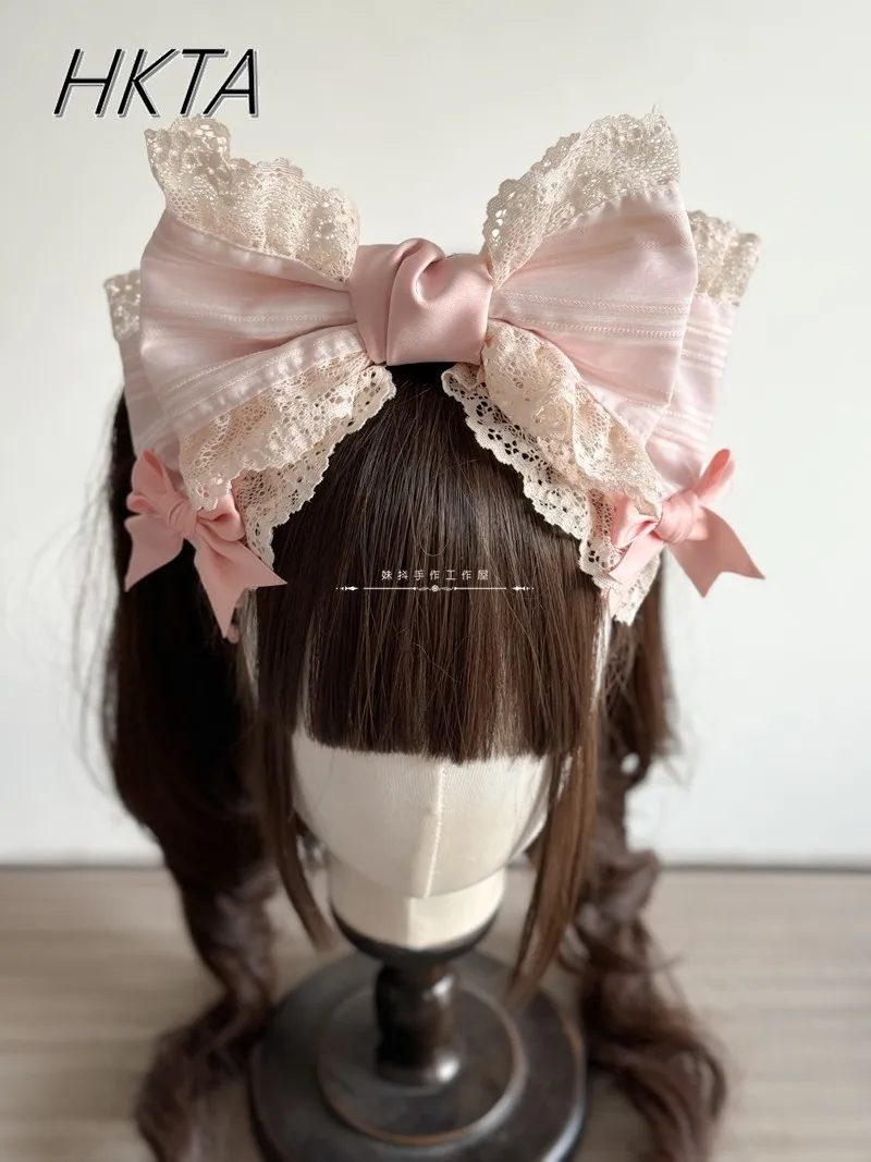 

Kawaii Lolita Bow Headband Headgear Women Sweet and Cute Lace Stitching Striped Summer Pink Hair Clips Hair Accessories Female