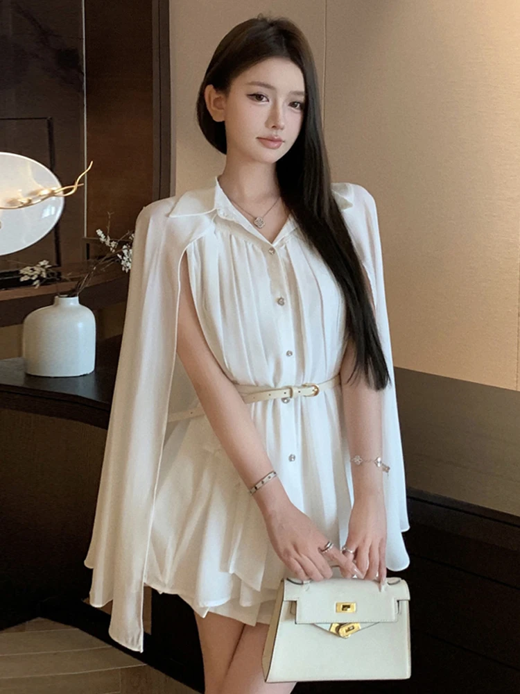 Sexy Loose Pleated Chiffon Shirts Women Design Inspired Cape Shawl White Shirt Waist Belt