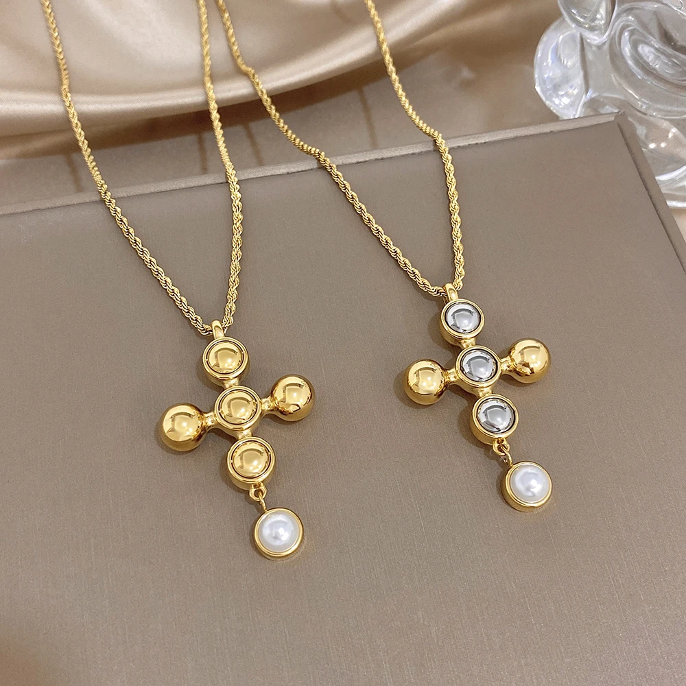 Greatera Twist Chain Cross Pendan Men Women's Necklace Fashion Two Tone Pearl Inlaid Stainless Steel Collarbone Chain Jewelry