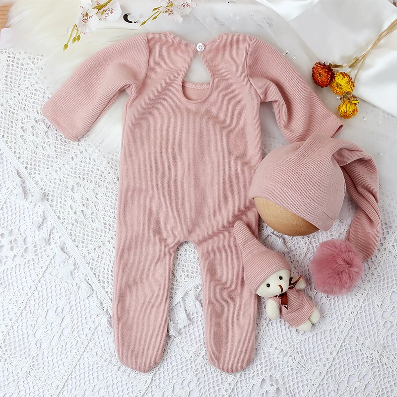 Ylsteed 3 Pieces Set Newborn Jumpsuit Tail Pom Hat Set with Mini Doll Pink Baby Photography Outfit New born Girl Photo Props