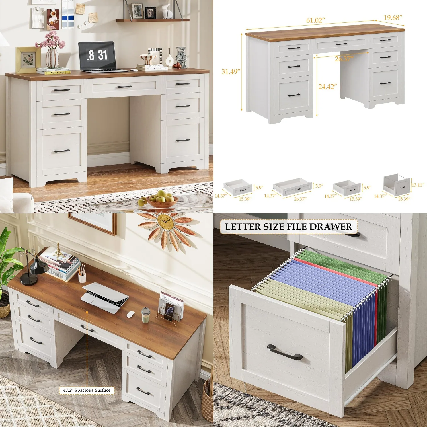 

61'' Rustic Executive Desk with 7 Drawers, File Drawers, Wood Workstation for Home Office Study, Customized