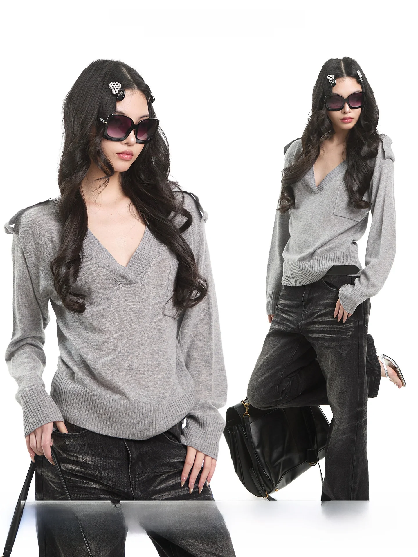 

Женский зимний теплый свитер UNCMHISEX в корейском стиле, свободного кроя, с V-образным вырезом, вязаный, премиум-качество