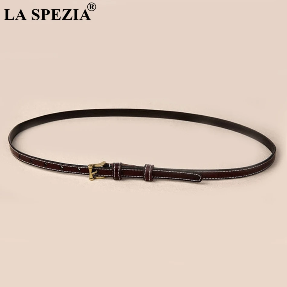 LA SPEZIA Thin Belt Women Real Leather Cowhide Pin Belt Ladies Camel Classic Genuine Leather Brand Female Narrow Jeans Belts