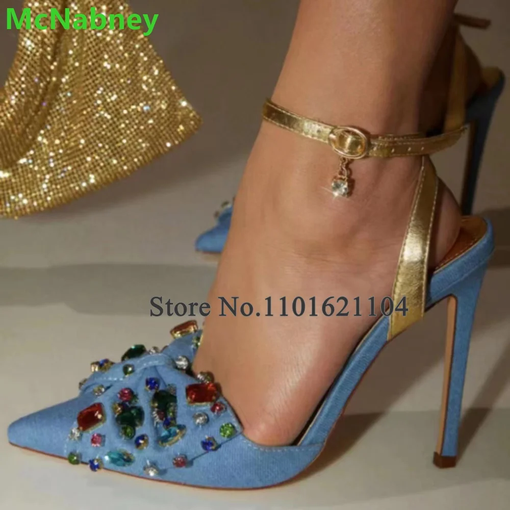 

Denim Fabric Colorful Crystal Pumps For Female Women 2024 New Arrivals Slingback Ankle Buckle Strap Thin High Heel Fashion Shoes