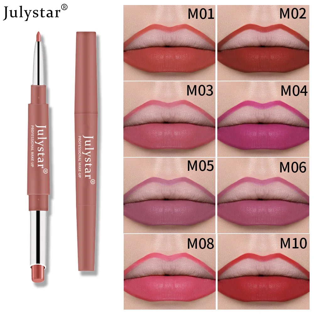 Julystar 12 Kleur 2-In-1 Lippenstift Lipliner Dubbel Hoofd Lippenstift Lipliner Vrouwen Cosmetica Lip Make-Up Roterende Lippenstift Pen