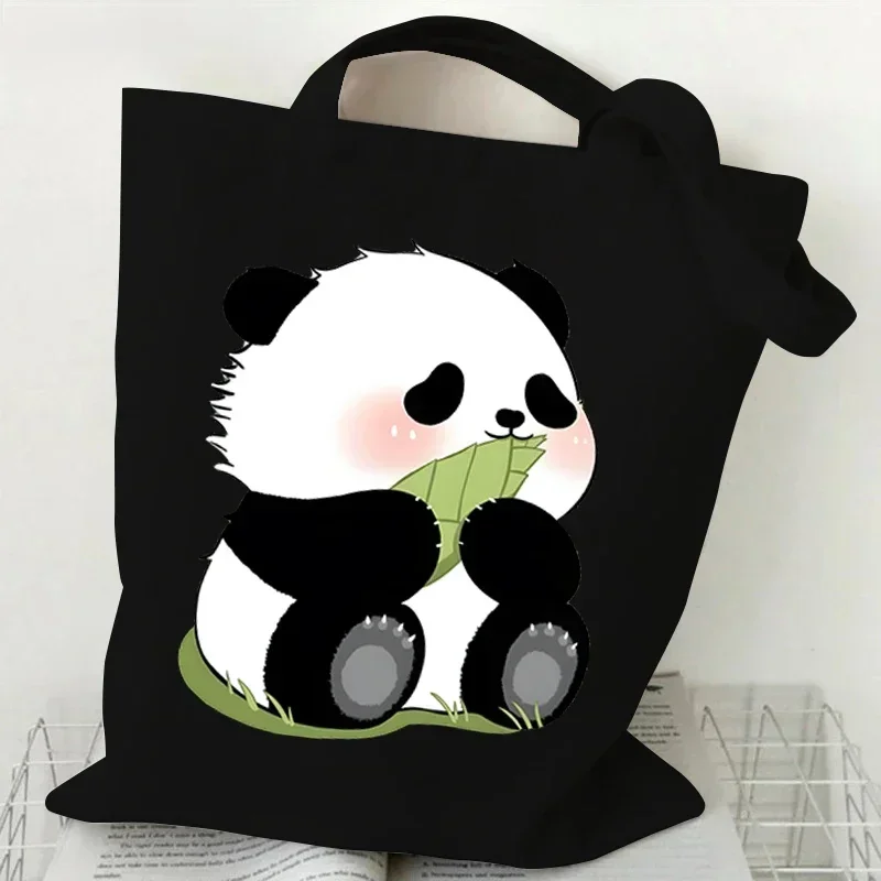 Cartoon Panda Pattern Canvas Shoulder Bag Women Portable Versatile Storage Bag Cute Animal Panda Shopping Bags Teen Girl Handbag