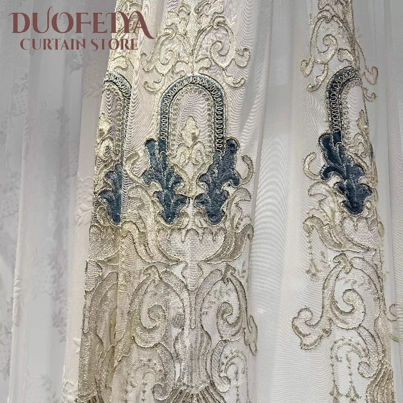 Fashionable and Elegant Embroidery Craft Double-layer Curtains for Living Dining Room Bedroom White Tulle Custom Size Drapes