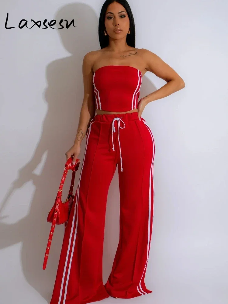 Laxsesu Fashion Women\'s Set Strapless Striped Ribbon Crop Top + Wide Leg Pants Suits Summer Streetwear Two 2 Piece Set Outfits