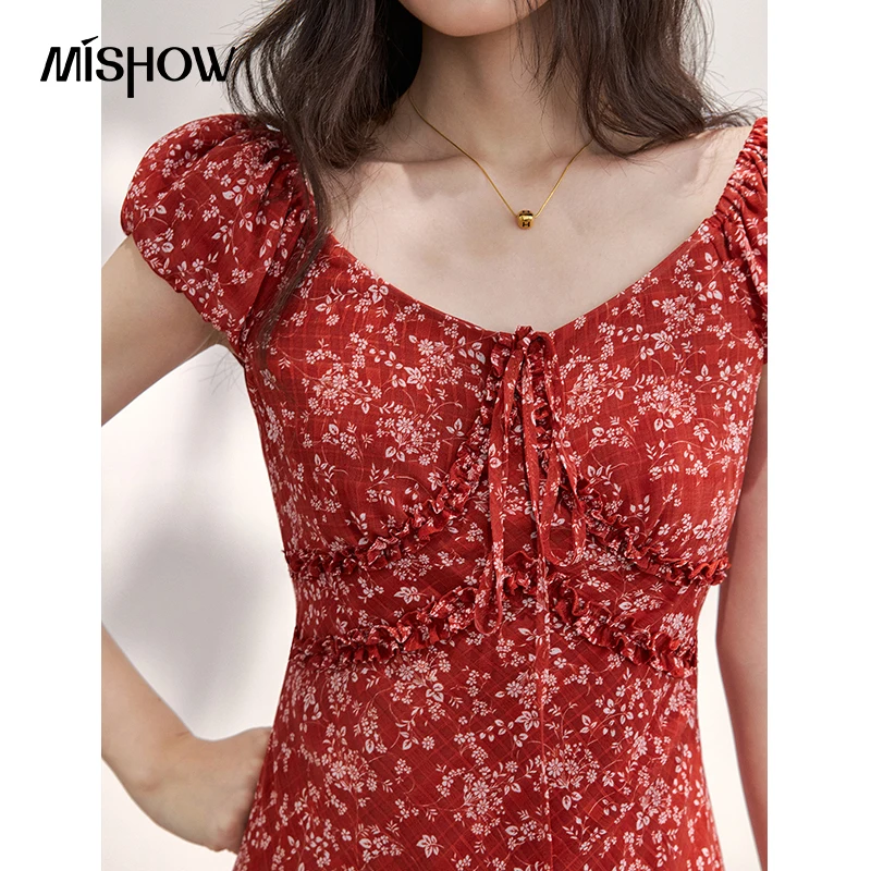 MISHOW Women's Vintage Red Floral Chiffon Midi Dress 2026 Summer Square Neck Ruffle Tie Front Slim Long Dresses MXF24L2716