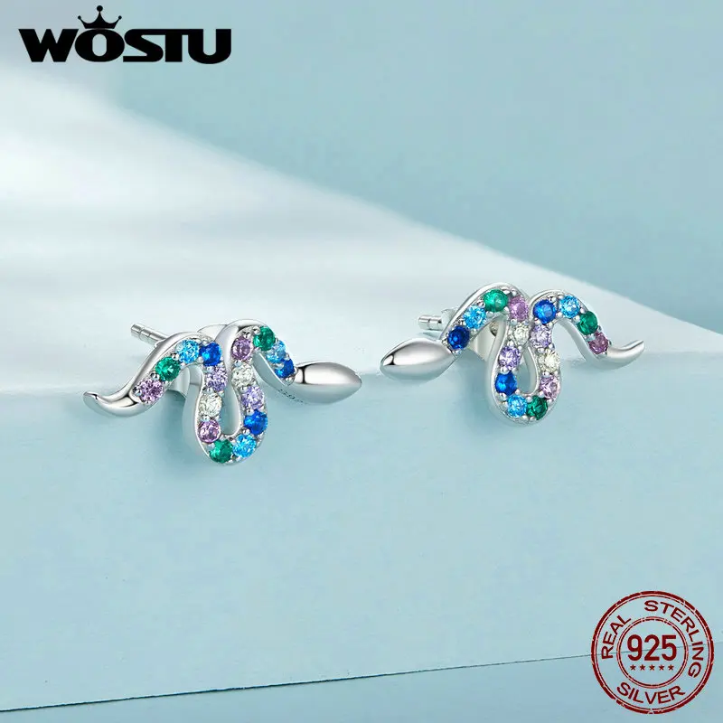 WOSTU 925 Sterling Silver Earrings Colorful Snake Ear Studs Animal Lovely Fine Jewelry for Women Children Party Birthday Gift