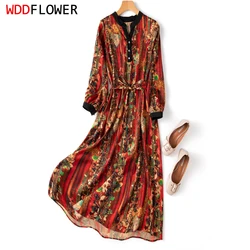 Women Midi Dress 92% Mulberry Silk 8% Spandex 20 Momme Floral Printed Classics V Neck Long Sleeve Belt Waist Long Dress M1212