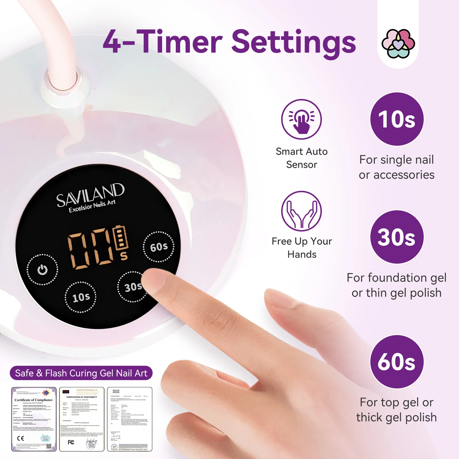 SAVILAND Lampada per unghie UV LED a collo di cigno da 30 W senza fili ricaricabile con sensore intelligente Intellisense per smalto gel