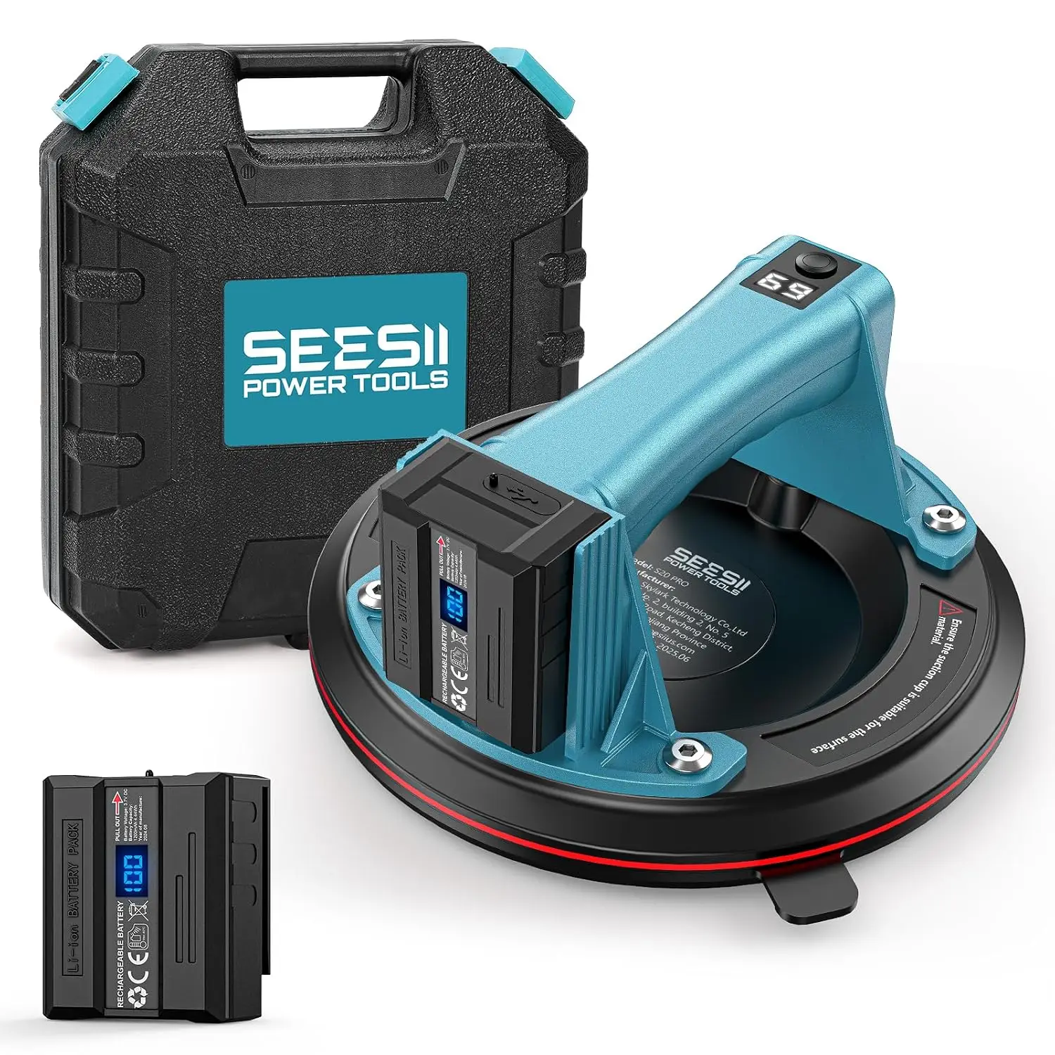 SEESII Electric Glass Suction Cups Lifter with 2 Batteries, 8-Inch Tile Suction Cup Tool 600 LBS Max Load Heavy-Duty Vacuum Suction Cups to Lift Large Glass Tile Metal Furniture