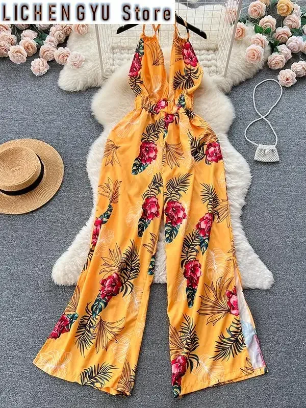 New Elegant Style Chic Jumpsuit Women Print Halter Contrast Color Backless High Waist Jumpsuits Winter Spring