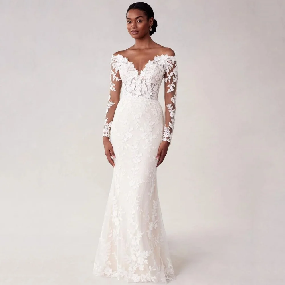 

Customized Luxury Lace Wedding Dresses V Neck Mermaid Bridal Dress Off Shoulder Long Sleeve Bride Dress Vestidos De Novia