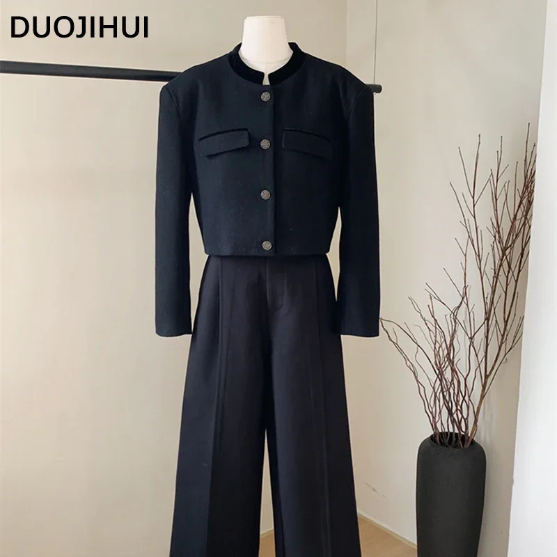 

DUOJIHUI Two Piece Black Causal Loose Female Pant New Basic O-neck Button Long Sleeve Top Simple Fashion Solid Color Women Pant