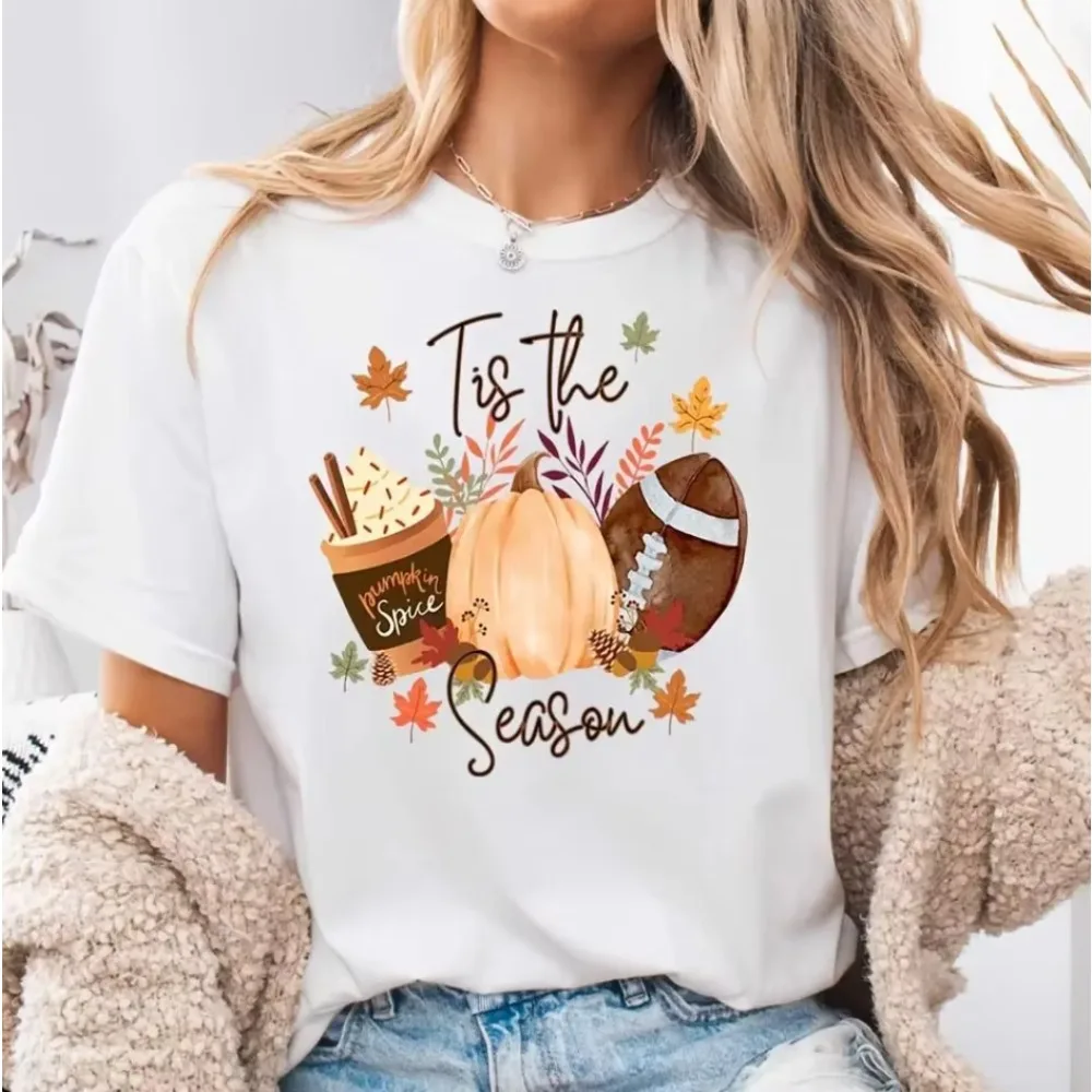 Tis The Season Pumpkin Spice Football Fall Leaves Print T-Shirt  Autumn Thanksgiving Halloween Graphic Tee Casual Fall Festival