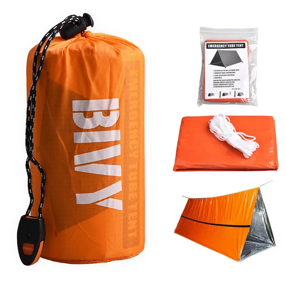 Outdoors Emergency Shelter Bivy Survival Tent Kit Mylar Tube Tent Sleeping Bag Waterproof Outdoor SOS Thermal Blanket Reusable