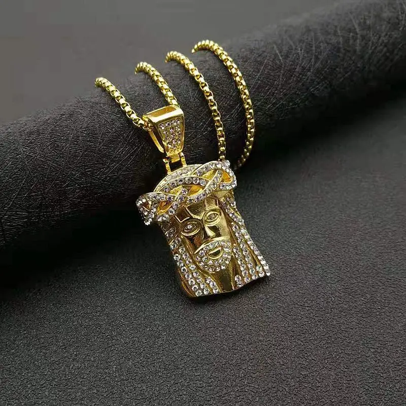 Hip Hop Iced Out Gold Silver Color Masked Jesus Face Pendant Necklace Jesus with rhinestone Jewelry