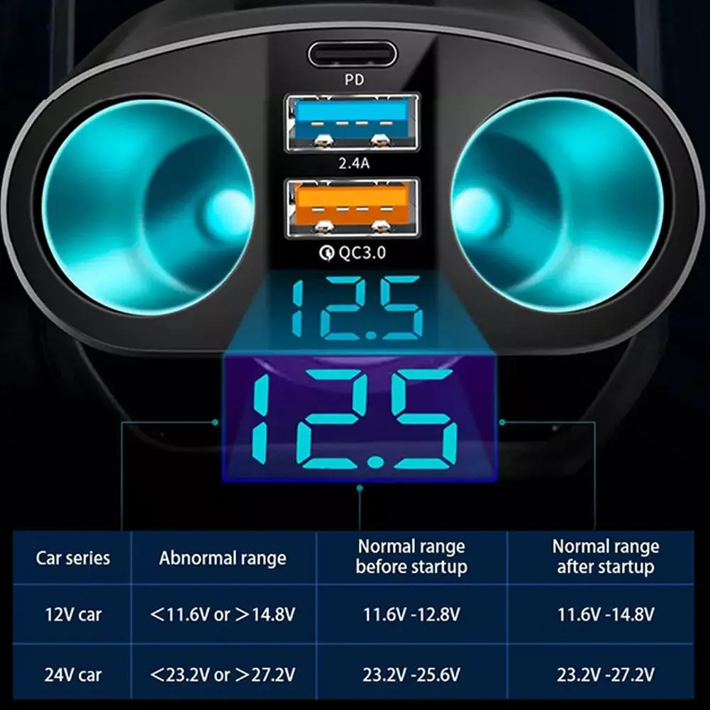 자동차 담배 라이터, 12V-24V 소켓 스플리터, 파란색 대기등 PD QC3.0, 2 USB 충전기 C 포트, 휴대폰 DVR Cha H4P2