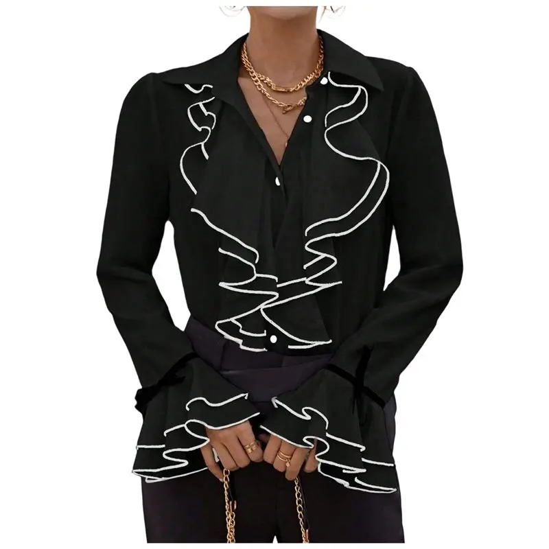 

CYL-Женская однотонная повседневная блузка с рюшами и расклешенными рукавами для женщин, элегантная офисная одежда