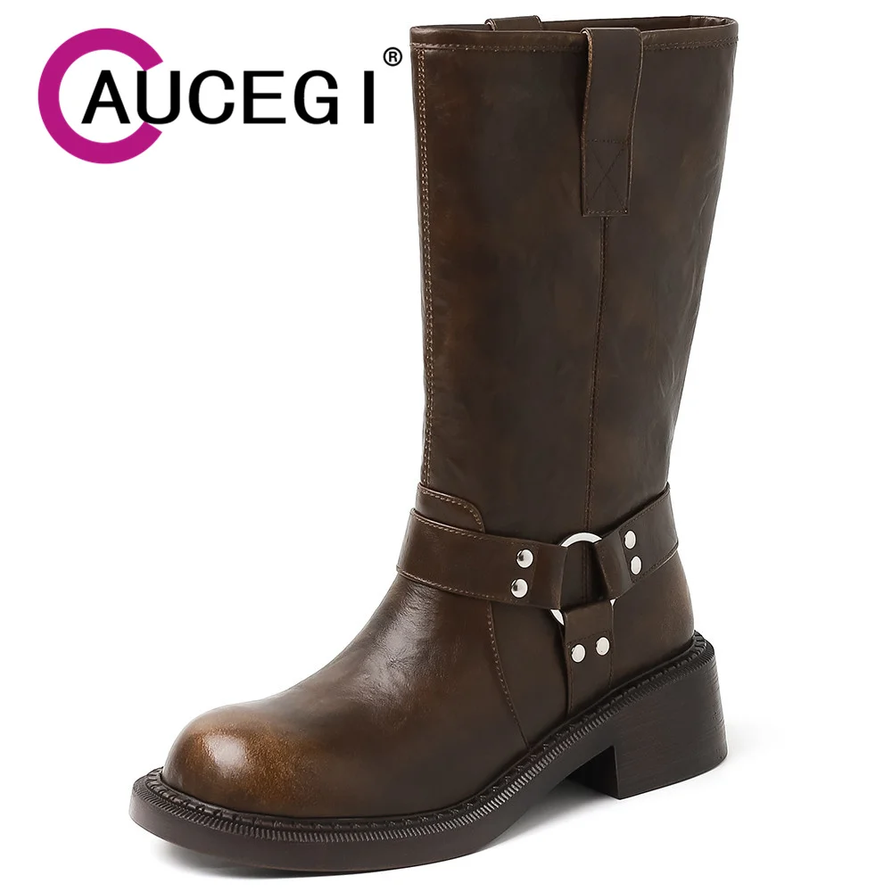 

Aucegi Modern Vintage Round Toe Riding Mid-Calf Boots Women Street Style Genuine Leather Comfortable Thick Heels Commuter Shoes
