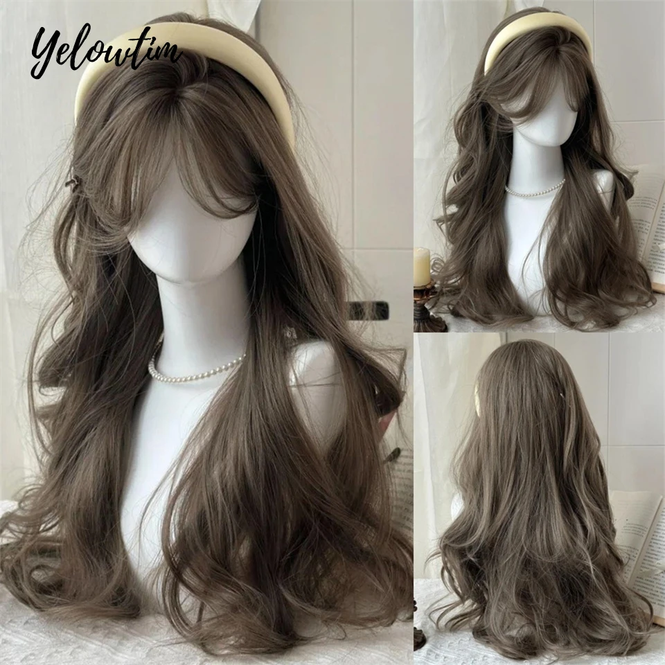 

Brown Wavy Wigs for Women with Bangs Long Natural Synthetic Hair Wig Daily Cosplay Heat Resistant