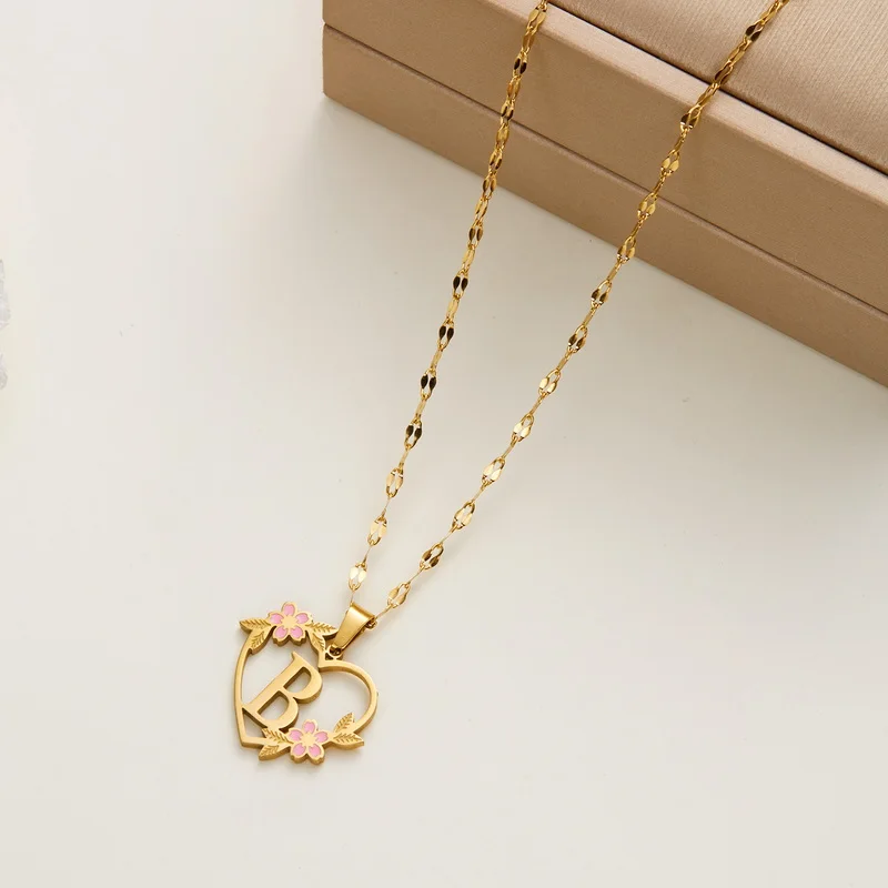 Collier avec pendentif en acier inoxydable, fleur coréenne, lettre initiale, nom, pour femmes et hommes, lettres A-Z, ras du cou d'amitié, bijoux cadeaux