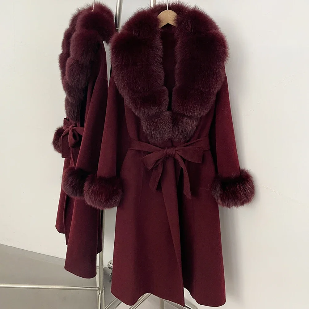 OFTBUY Neue Luxus-Winterkleidung Damen Mittellanger 100% Wollmantel Echter Fuchspelzkragen Gürtel-Wickeljacke aus Wolle für Damen – Detail 32