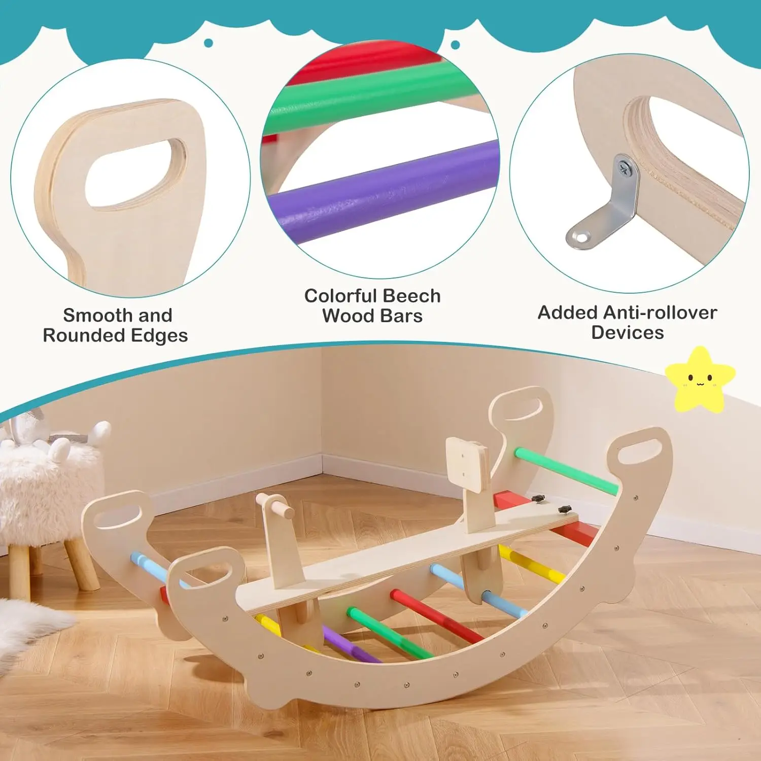 Wooden Arch Rocker, 4-in-1 Montessori Rocking Toys for Toddlers with Easy-Grip Handles, Children Indoor Gym Learning Rocker Play