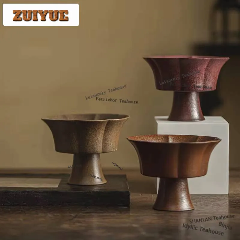 

Handmade Crude Pottery High-feet Fruit Plate Japanese Flower Mouth Fruit Dishes Retro Pastry Sharing Plate Tray Decoration