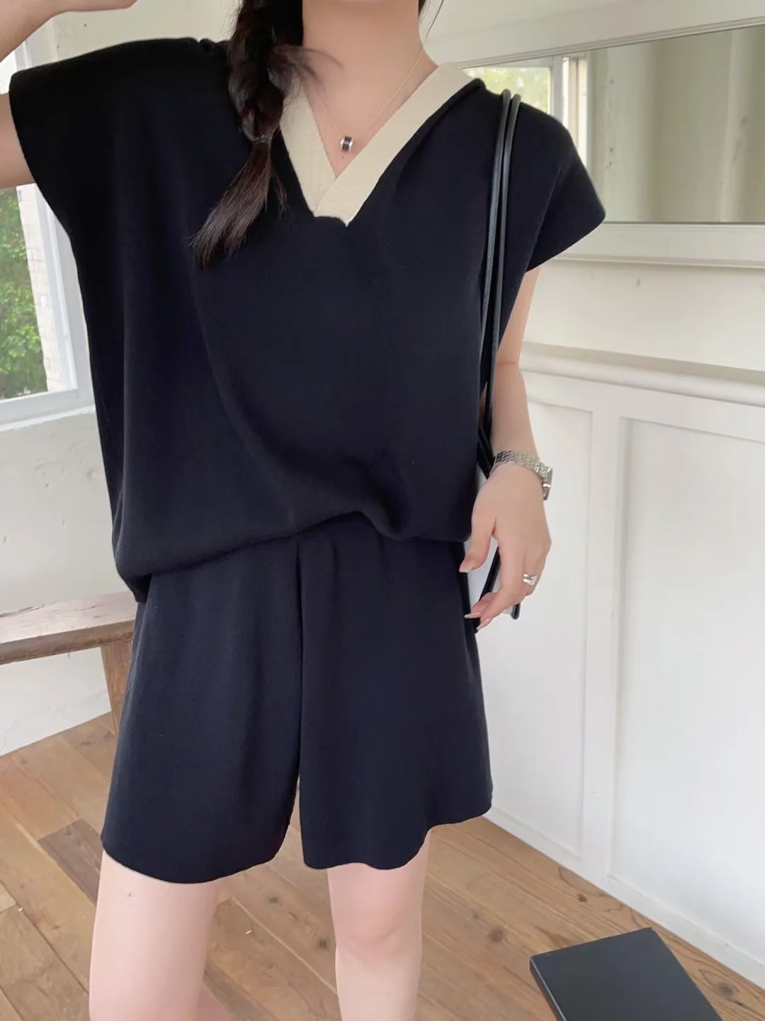 Summer Knitted Women's Tracksuit Short Sleeve V-neck Hooded Pullover Top + Wide Leg Short Sets Casual Loose Two Piece Outfits