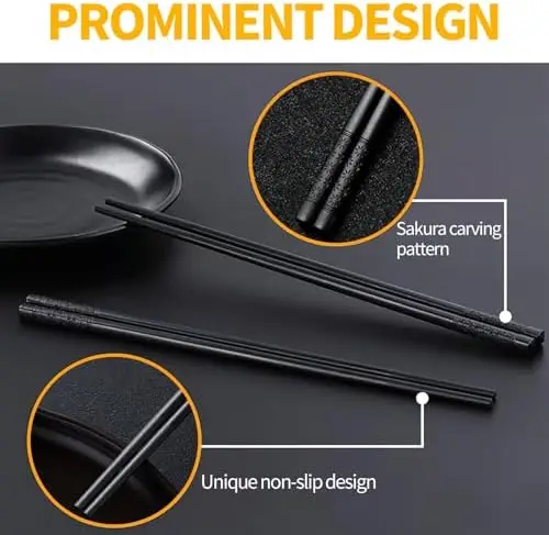 

12 пар многоразовых палочек для еды из стекловолокна - черные, можно мыть в посудомоечной машине, в японском стиле