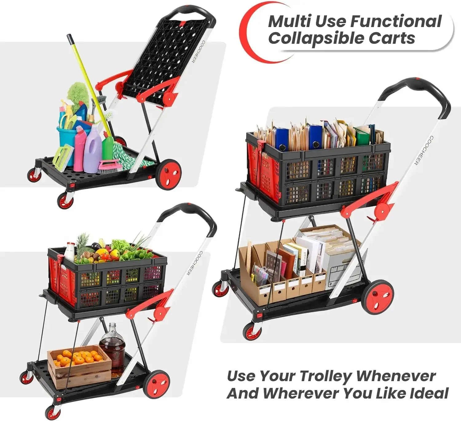 Use Functional Collapsible Carts, Shopping Cart with Storage Crate, Mobile Folding Trolley, Portable Folding Cart, Shopping Cart