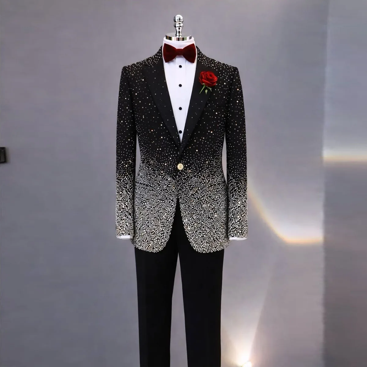 Handsome Rhinestone Diamond Men Suit 2 Piece Sets Slim Fit Groom Tuxedos Male Blazers Birthday Wedding Ropa Hombre Customized