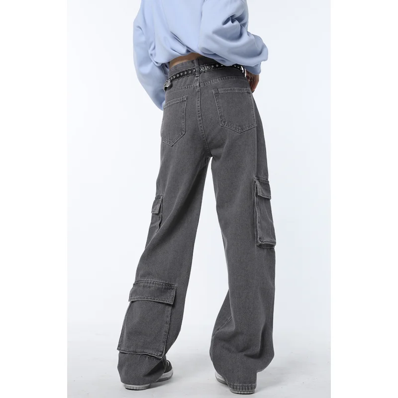Pantalones vaqueros holgados y rectos de cintura alta para mujer, de moda americana ropa de calle, Vintage, color gris