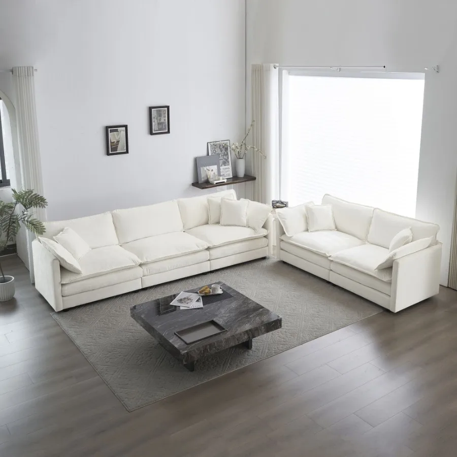 

Sofa Set of 2 Chenille Couch 2+3 Seater Sofa Set Deep Seat Sofa Modern Sofa Set for Living Room White Chenille