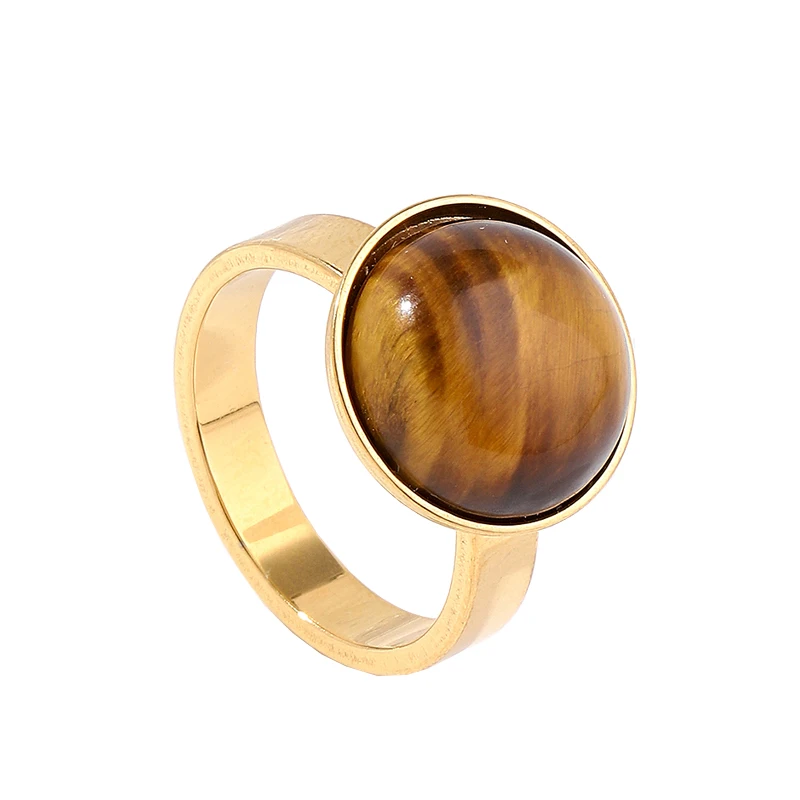 New Stainless Steel Men Women Gold Plated Round Natural Tiger Eye Stone Ring