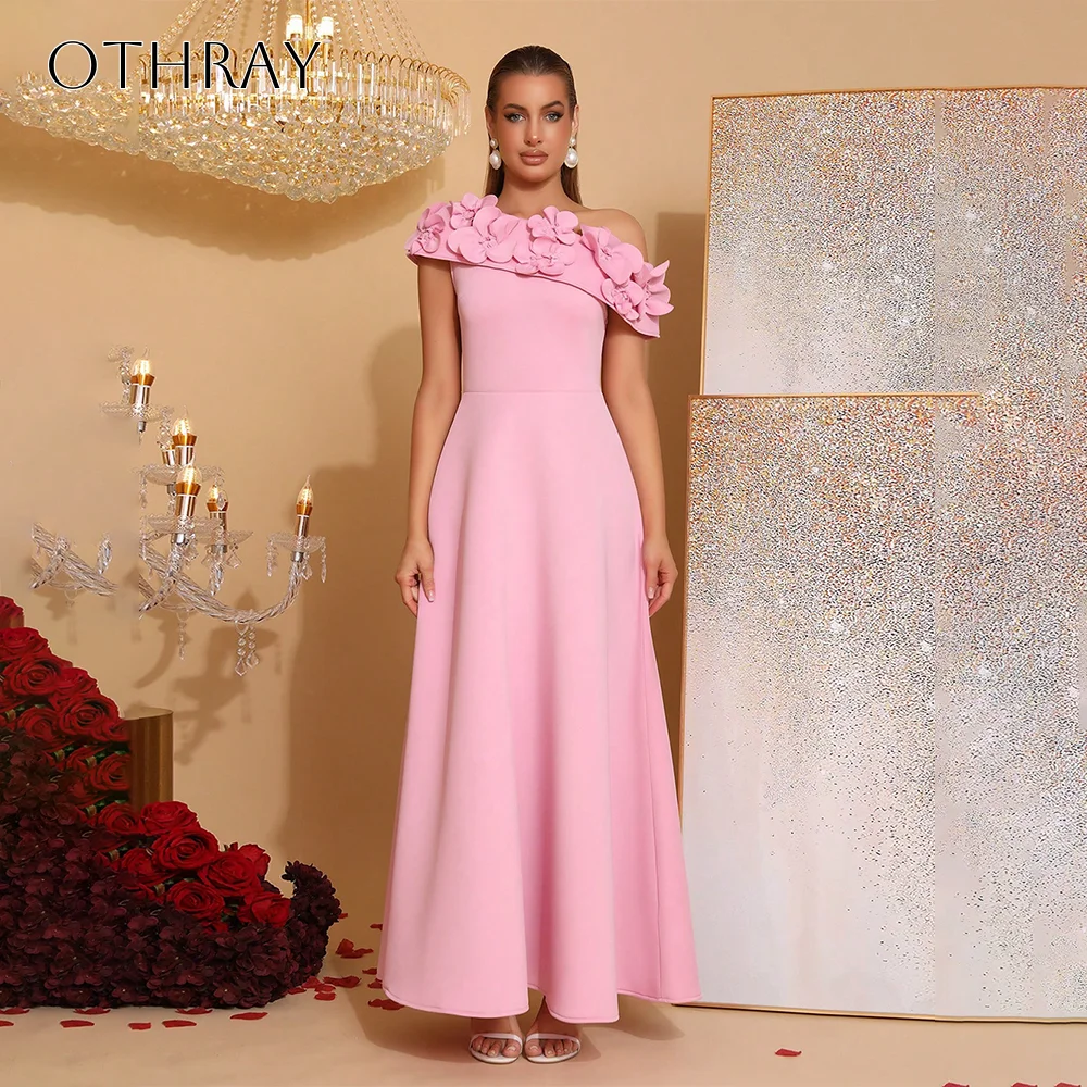 ワンショルダーフラワーAラインプロムドレスプリーツサテン足首丈カスタマイズされたドレス