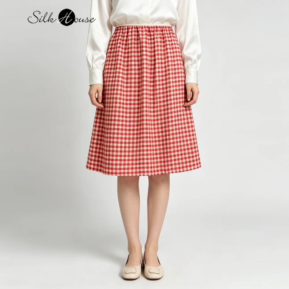 Women's Casual Summer New Artistic Retro Plaid 76% Natural Mulberry Silk Dry Silk Elastic Waist Straight Tube Versatile Skirt