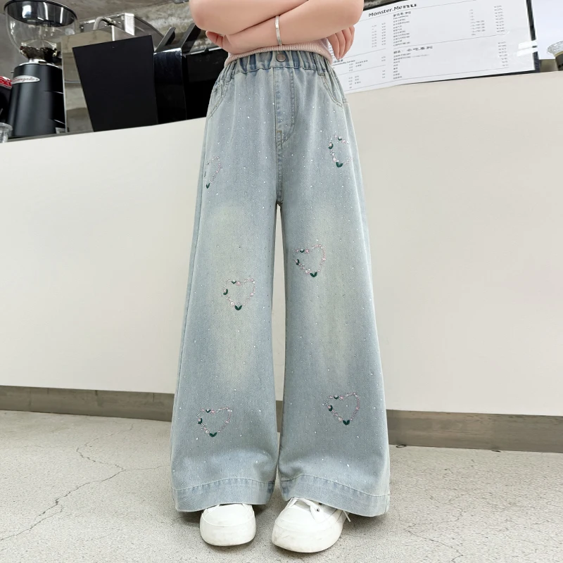 

Girls Loose Straight Trousers 2026 Baby Girls Casual Style Denim Pants 4-14Y Spring Autumn Kids Heart Shinny Decoration Jeans