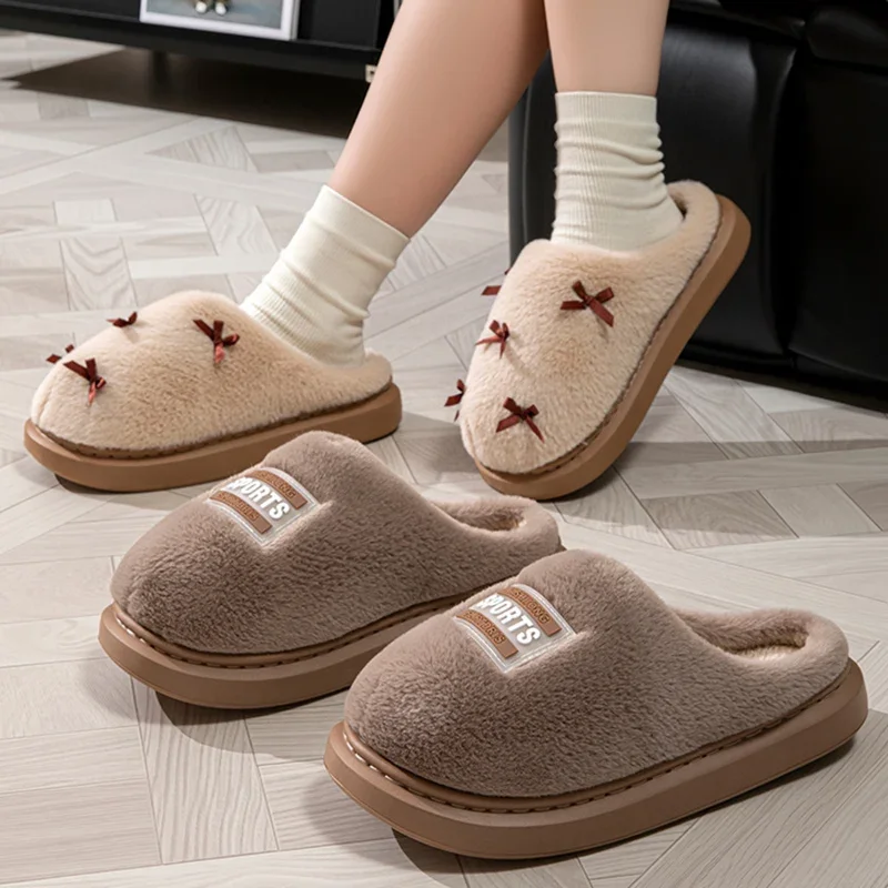 

Fashion Bow Decor Fluffy Fur Slippers Women Winter Indoor Thick Bottom Warm Home Slides Woman Anti Slip Plush Couple Slippers