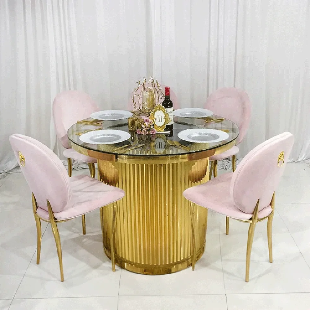 High Qulality gold stainless steel frame glass top round tables dining cake table for wedding events