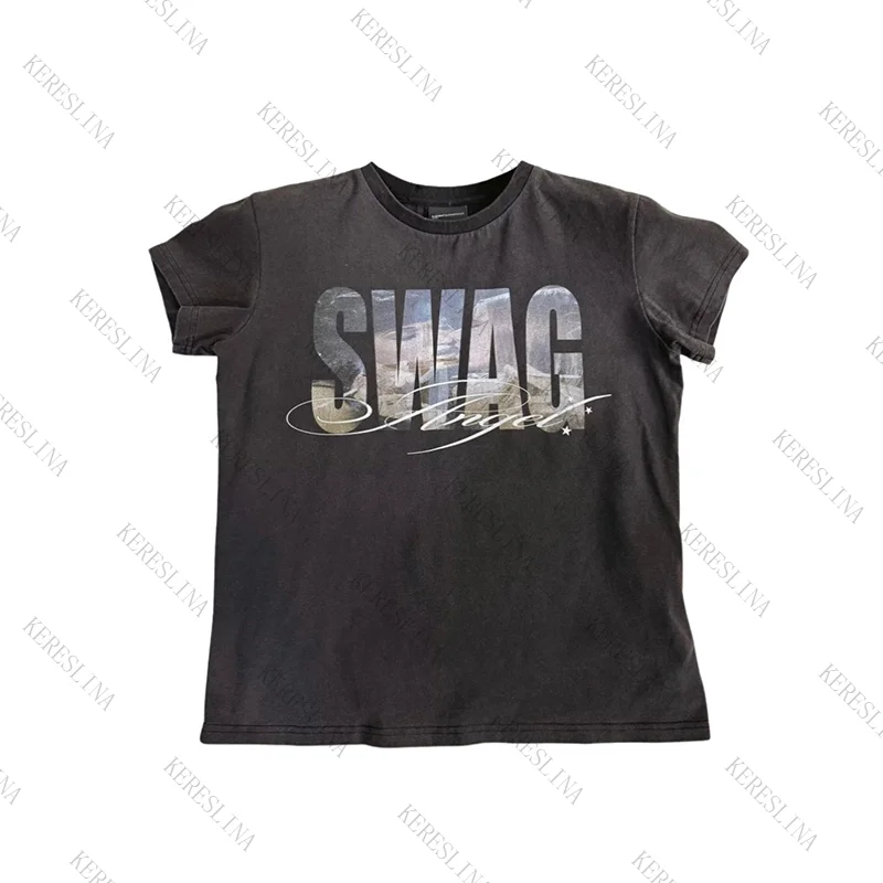 Hip-hop punk aesthetic Harajuku chic geometric print loose O-neck women T-shirt high street summer Europe and America women tops